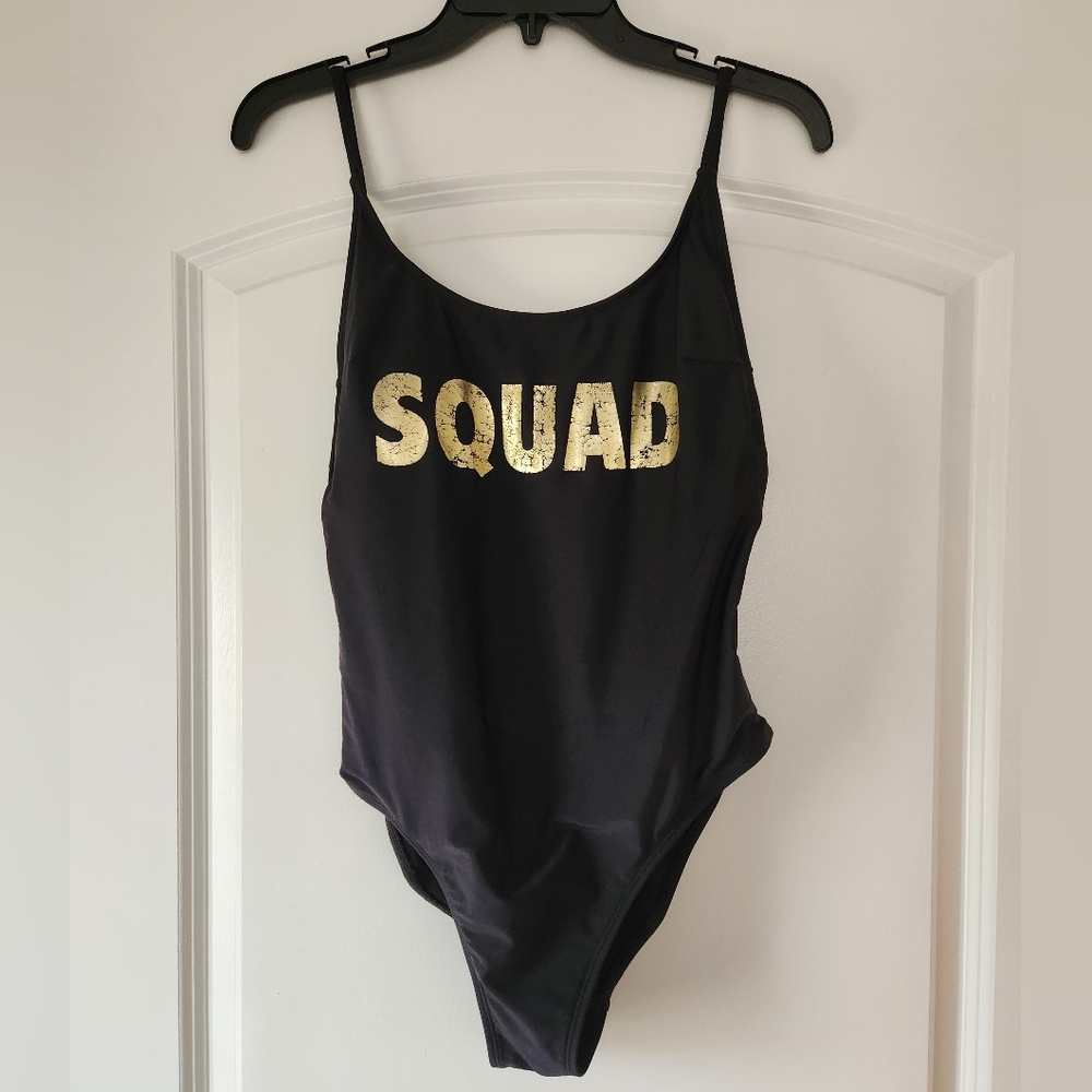 NO BOUNDARIES BLACK ONE-PIECE SWIMSUIT WITH GOLD SQUAD LETTERING JUNIOR SIZE M